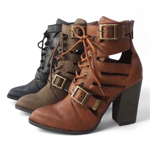 Cut-Out Lace Up High Heeled Ankle Booties Brown Chestnut Women’s Sizes NIB - Picture 1 of 13